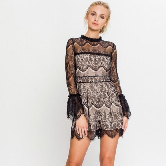 Fancy Black Lace Romper w/ Bell Sleeves - Picture 4 of 5
